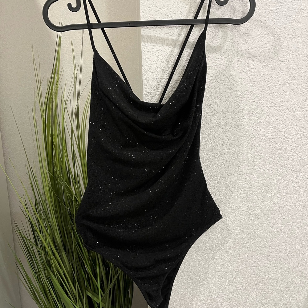 Black Shimmery Cowl Neck Bodysuit